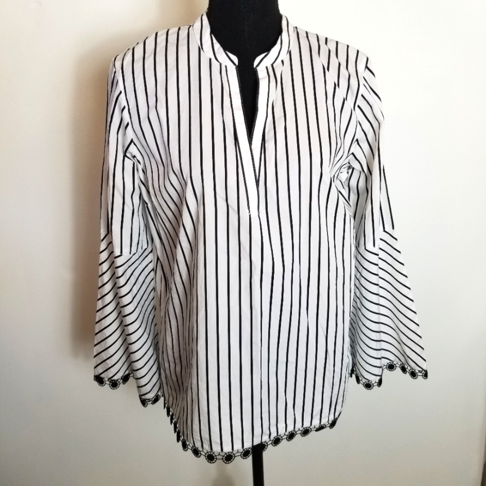 Lauren Ralph Lauren Boho Stripe Trumpet Sleeve Peasant Blouse Top